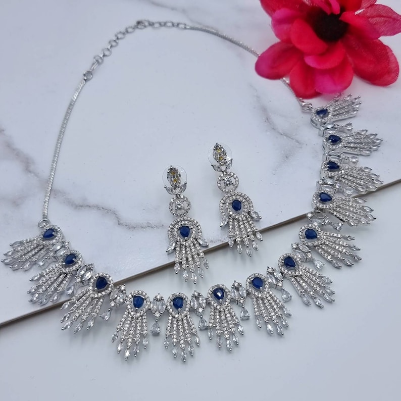 Silver Plated CZ Necklace Set with Earrings, Blue Stone Indian Wedding Jewellery, Pakistani Bridal AD Necklace Set, Statement Jewelry Gift image 5