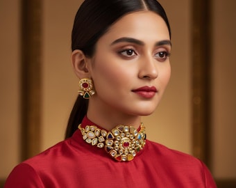 Navratna Kundan Choker Set Multi-Color Statement Bridal Necklace Bollywood Inspired Jewelry Traditional Indian Choker with Earrings Wedding