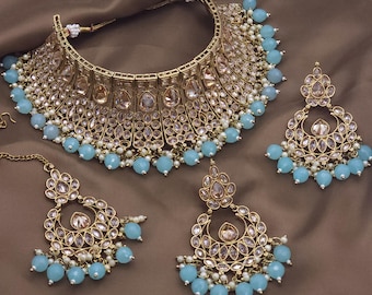 Antique Gold Polki Stone Choker Set: Indian Asian Bridal Jewellery Set Pakistani Wedding  Necklace, Earrings, Tikka Bridesmaid Jewelry Set