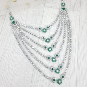Silver Green American Diamond Layered Necklace: Indian Bridal Rani Haar