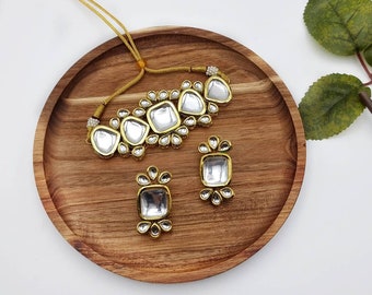 Set di collana girocollo Kundan placcato oro: orecchini, gioielli indiani Meenakari, regalo per damigella d'onore, gioielli da sposa pakistani