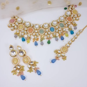 Emroz - Multicolor Kundan Monalisa Stone Choker Necklace Set with Earrings and Tikka. Indian Pakistani Jewelry