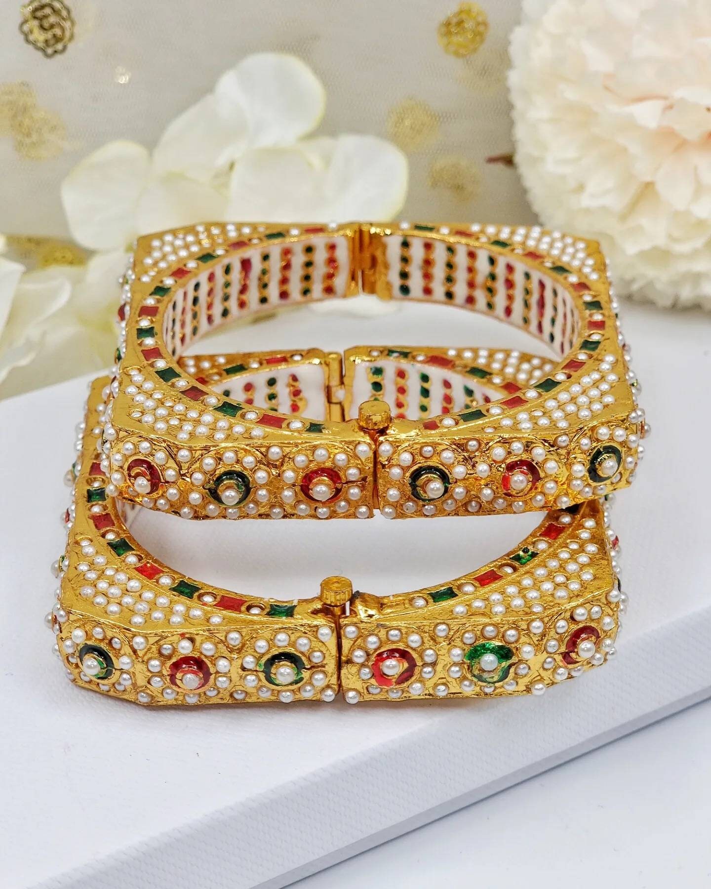 Handmade Gold Plated Pearl Meenakari Bangles Set of 2, Indian