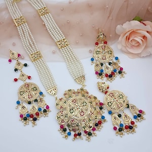 Jadau Necklace Pendant set long Jadau Rani haar Indian jewelry bridal wedding pearls jewelry gold plated punjabi ethnic Pakistani jewelry