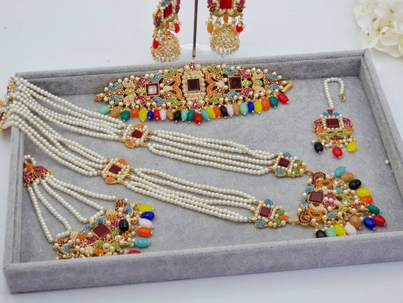 Jadau Bridal Jewelry Set: Multicolored Pearl Choker, Earrings