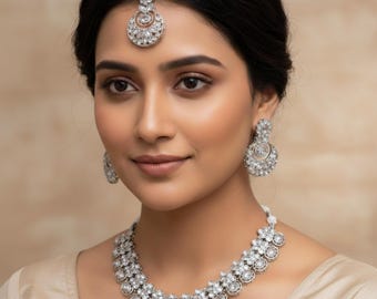 Antique Gold Polki Stone Choker Necklace With Earrings and Tikka: Indian Asian Simple Jewellery Set Bride Bridesmaid Wedding Party Jewelry
