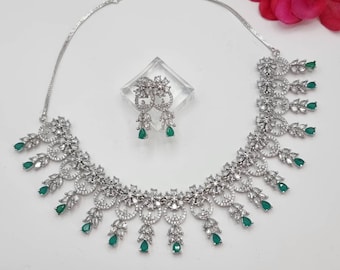 Silver Plated Green CZ Necklace Set: American Diamond Bridal Jewelry