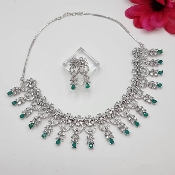Silver and Green American Diamond CZ Necklace Set AD Jewellery