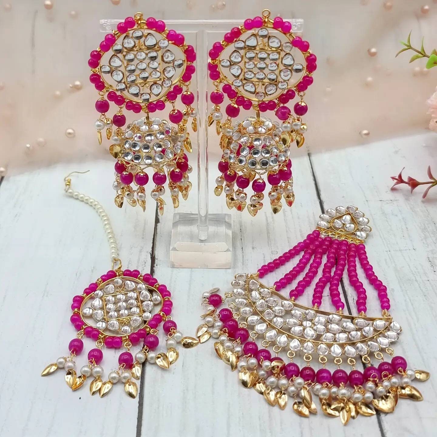 New Indian Pakistani Earring Tikka Set Jewellery Head Chain Tikah Jhumkas Jhumki 