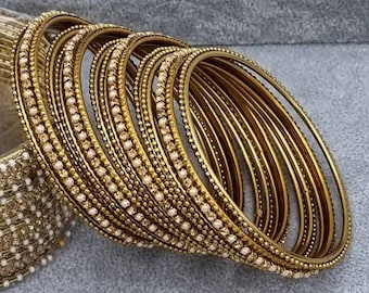 12 pcs Antique gold Stone and pearl RITI Bangles set , Indian Jewellery , Pakistani Jewellery, Indian Jewelry, Asian Jewelry , Bangles