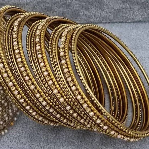 12 pcs Antique gold Stone and pearl RITI Bangles set , Indian Jewellery , Pakistani Jewellery, Indian Jewelry, Asian Jewelry , Bangles