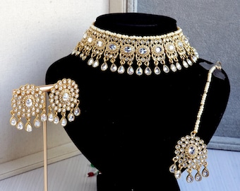 Antique Gold Polki Choker Necklace Set: Indian Pakistani Wedding Bridal Jewellery Set For Bride And Bridesmaid Gift For Her Earrings Tikka