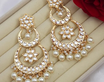 Gold Polki Chandbali Earrings Moissanite Jewelry, Indian Bridal Jewelry Indian Wedding Earrings, Statement Earrings, Bridesmaid Gift For Her