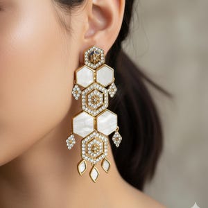 Antique Gold Lightwaieght Mother of Pearl Statement Earrings: Indian Bridal Jewelry, MOP Jewerly, Traditional Earrings, Pearl Earrings