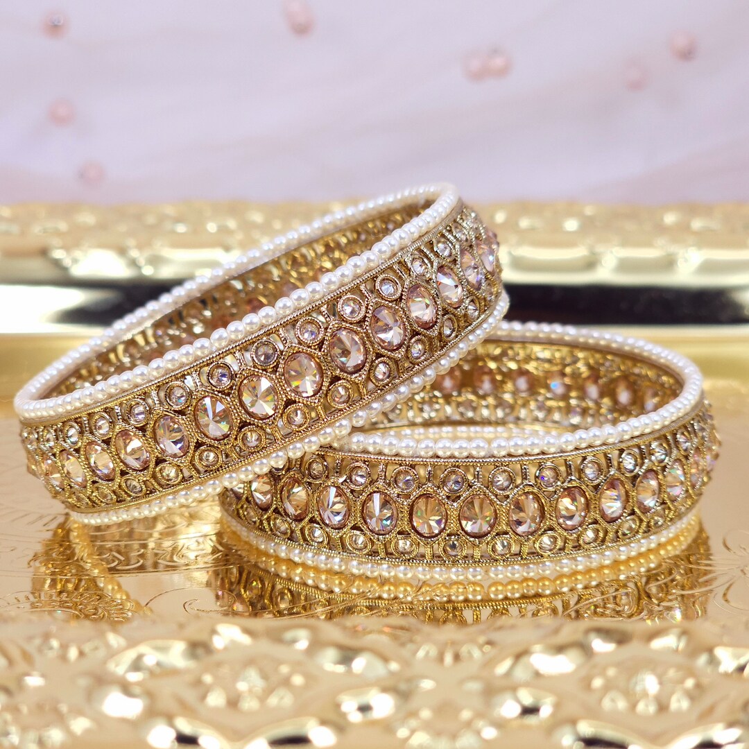 South Indian Pearl Stone Bangles Gold Plated Bridal Wedding Jewelry Guttapusalu Pacheli Bracelets Metal Kangan Gajre Temple Jewelry Etsy