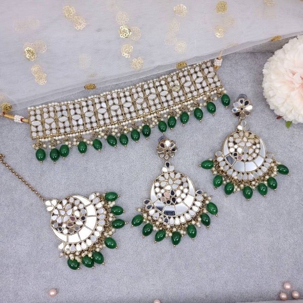 Alia - Mirror Work Flexible Choker Necklac Jewellery Set, Indian Jewelry, Pakistani Jewelry, Panjabi Jewelry, Mirror Jewellery Set