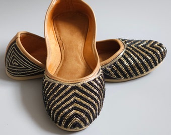 Handmade Black Silk Khusa Sandal: Gold Sequin Punjabi Juti