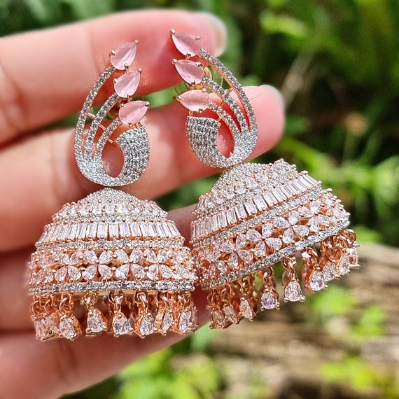 Broad Umbrella Shape CZ White Stone Jhumkas: Stunning Earrings on Sale -  Shop Online Now J25819