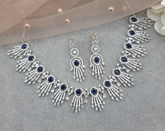 Silver Plated CZ Necklace Set: Blue Stone Indian Bridal Jewelry