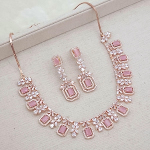Rose Gold Pink CZ Necklace Set: Indian AD Jewelry