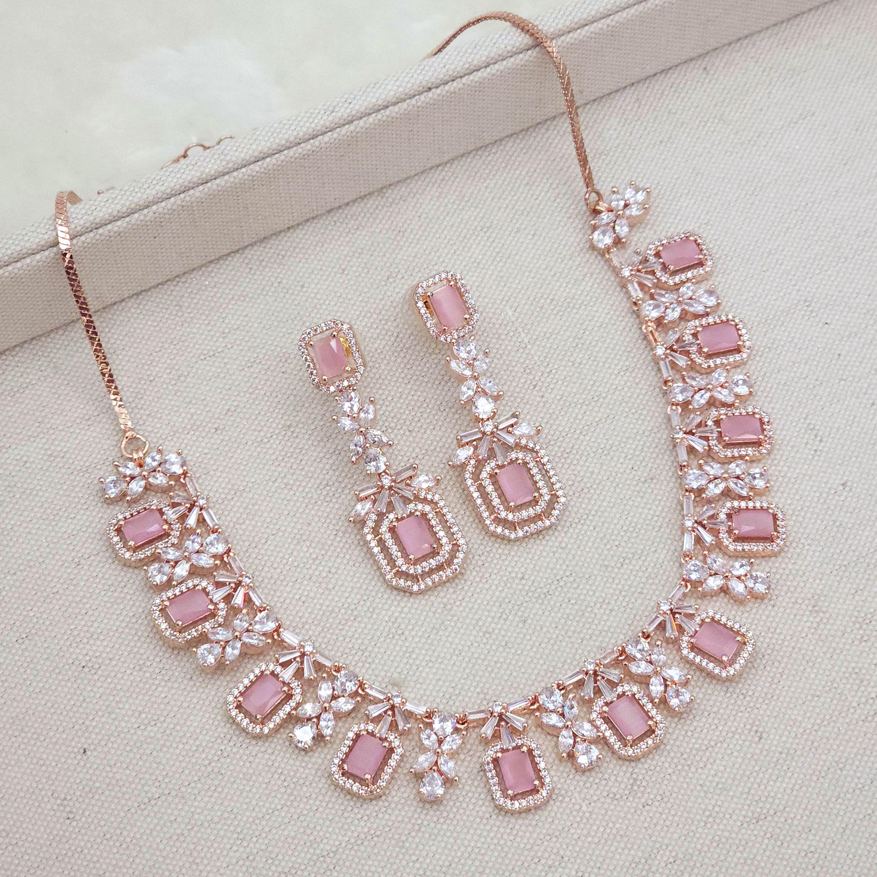 Rose Gold Pink CZ Necklace Set: Indian AD Jewelry
