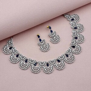 Gold Finish Multi Colour CZ Necklace Set Beautiful Indian AD Jewelry with Earrings for Bridal and Modern Designs Occasionally & Special Gift