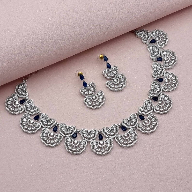 Gold Finish Multi Colour CZ Necklace Set Beautiful Indian AD Jewelry with Earrings for Bridal and Modern Designs Occasionally & Special Gift