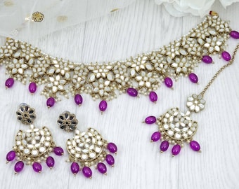 Conjunto de gargantilla nupcial con espejo: pendientes tikka indios de oro antiguo