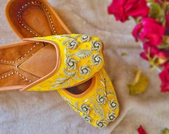 Yellow Gold Zardozi Bridal Juttis: Pearl & Sequin Indian Mojaris