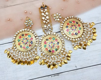 Meenakari work Tikaa Set, Earrings Set, Indian Jewelry, Chandbali Earrings, Pakistani Jewelry, Indian Bride