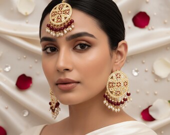 Ensemble De Bijoux De Mariée Ethnique Indien Traditionnel En Plaqué Or – Collier, Boucles, Broche – Neuf