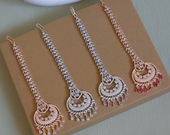 American Diamond Tikka: Indian Jewelry, Silver/Rose Gold Mang Tikka