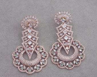 Pendientes Chandbali de oro rosa y menta: Joyería nupcial india con diamantes americanos y circonitas cúbicas, pendientes de cóctel, pendientes de lujo, joyería para damas de honor.