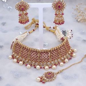 Kiran- Ruby Pink High Gold Original Reverse Polki Choker Necklace Set. A D Jewelry, Indian Pakistani Jewelry, Bridal Jewelry