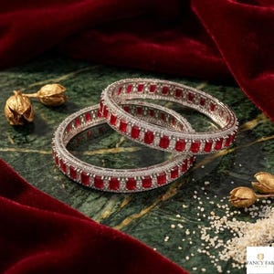 Red Ruby Silver Bangles Set of 2, American Diamond CZ Bangle Bracelet, Indian Wedding Bangles, Pakistani Bridal Jewelry, Bridesmaid Jewelry