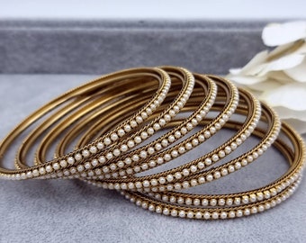 Pearl Bangles - Pack Of 8 Simple Antique Gold Indian Bangles, Matel Bangles, Indian Jewellery, Gift for Her, Bridal Wedding Party Bracelet
