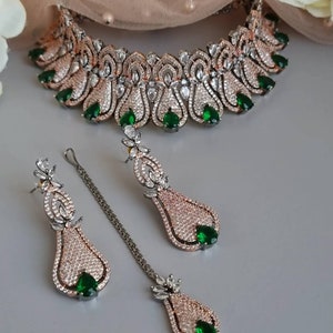 CZ Choker Necklace Set: American Diamond Indian Bridal Jewelry