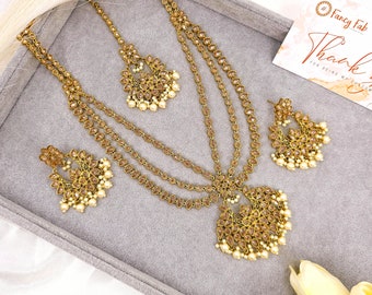 Antique Gold Kundan Polki Long Necklace Rani Haar Set with Earrings & Maang Tikka, Indian Bridal Wedding Jewelry, Bollywood Partywear