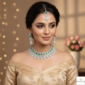 CZ Choker Necklace Set with Earrings & Maang Tikka, Statement Bridal, Indian Pakistani Wedding Jewelry, AD Necklace Set, Bridesmaid Gift