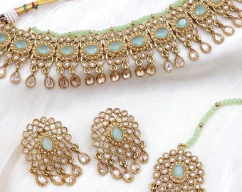 Antique Gold Polki Choker Necklace Set: Indian Pakistani Wedding Bridal Jewellery Set For Bride And Bridesmaid Gift For Her Earrings Tikka