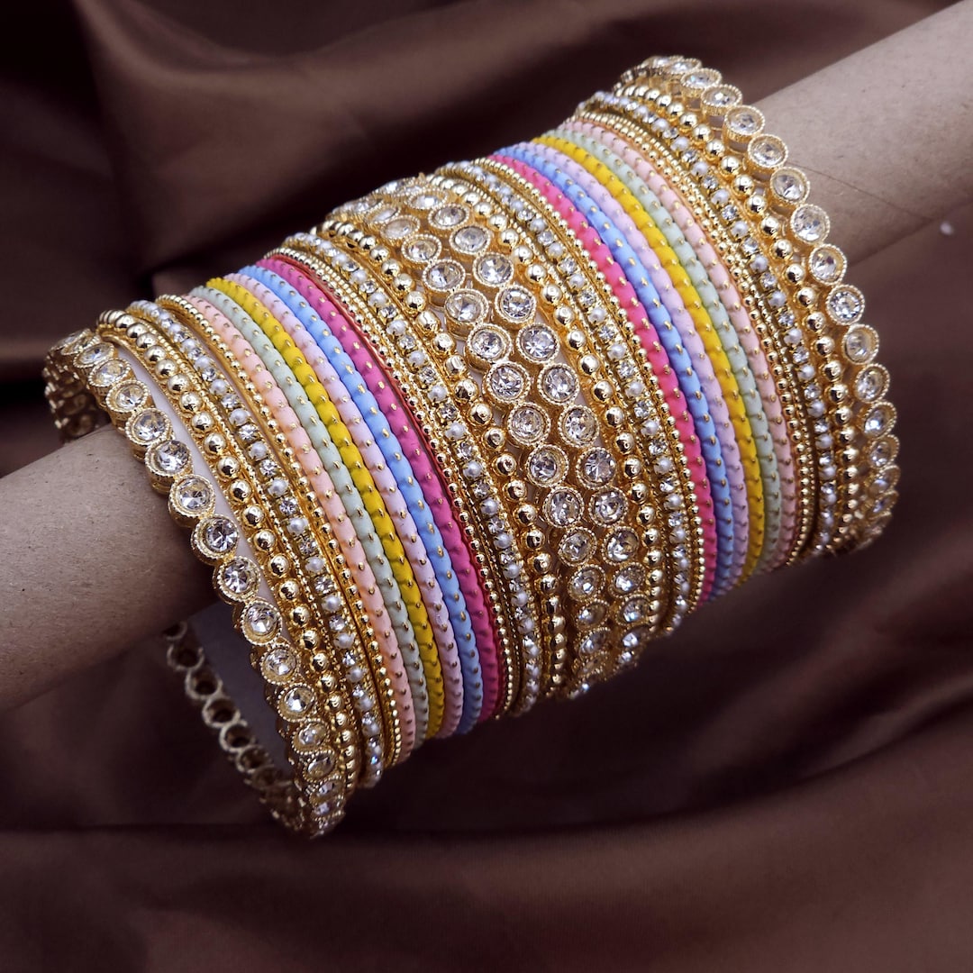 Pack of 28 Pastel Multicolour Metal Bangle Set | Indian Traditional ...