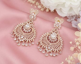 Pendientes colgantes de diamantes americanos, pendientes nupciales indios de plata y oro rosa, pendientes llamativos, joyería de boda pakistaní, regalo para damas de honor