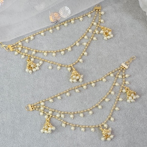 Vedika - Gold Plated Polki Pearl Ear Chain,  Jhumka detail Sahare, Bahubali Kaan chain, Kaan Chains, Sahare, Indian Pakistani Jewellery