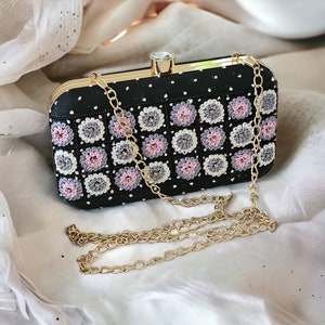 Black Pearl Rectangular Embellished Handcrafted Raw Silk Clutch Bag•Indian Clutch•Black Embroidered Clutch•Shoulder Bag•Pearl Evening Purse
