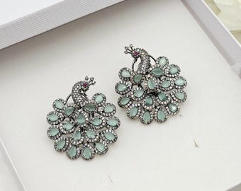 Peacock CZ Stud Earrings: Indian Oxidized Silver Tone