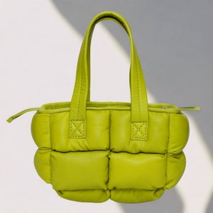 Women's Lime Green Genuine Leather Mini Puffer Bag | Grab Bag | Cross Body Bag | Tote Bag | Black Puffer Bag | Gift For Her | Christmas Gift