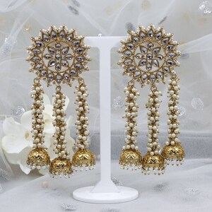 Hina-Kundan Statement Earrings with Jhumki Drop, Kashmiri Jhumka, Indian Pakistani Jewelry, Bollywood Dejhoor Earrings image 3