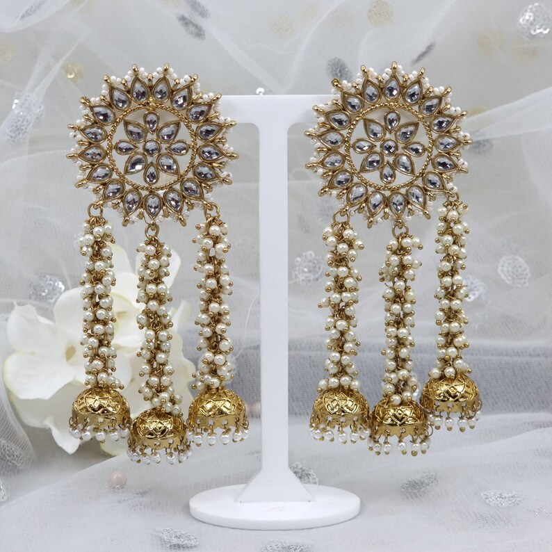 Hina-Kundan Statement Earrings with Jhumki Drop, Kashmiri Jhumka, Indian Pakistani Jewelry, Bollywood Dejhoor Earrings image 3