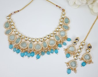 Indian Jewelry Kundan Choker Necklace Set: Peach Gold Plated Jewelry with Earrings and Tikka, Wedding Necklace Bridesmaid Bridal Jewellery
