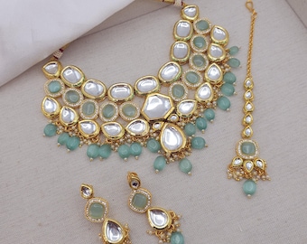 Mint Green Gold Kundan Bridal Jewelry Set: Indian Necklace with Earrings & Maang Tikka Wedding Party Bride Bridesmaid Jewellery Gift For Her